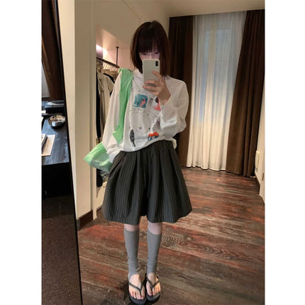 日系少女文艺范条纹花苞裙裤小个子松弛感五分阔腿裤遮肉蓬蓬裤夏
