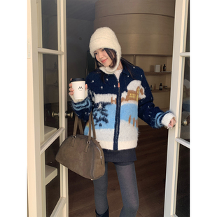 冬季高级感费尔岛雪景针织毛衣撞色翻领拉链设计感针织开衫短外套