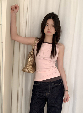简洁一字领吊带内搭外穿嫩粉上衣夏季热辣细肩带紧身打底运动背心