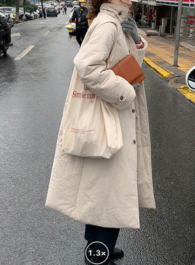 韩系翻领夹棉浅杏色棉衣女秋冬新款加厚宽松休闲长款大衣外套棉服