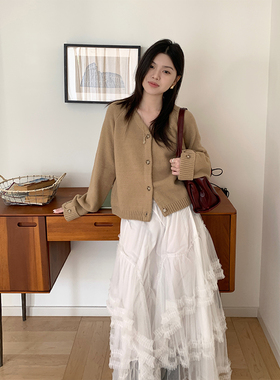 韩版设计感纯色宽松开衫v领毛衣外套女软糯百搭长袖毛针织衫