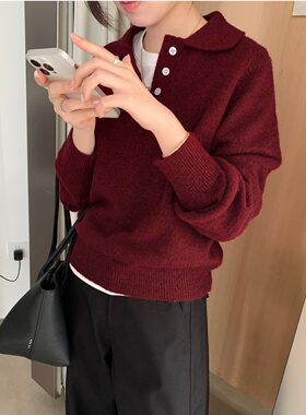 27春款时尚叠穿复古安哥拉红针织衫女士通勤Polo翻领纽扣毛衣外套