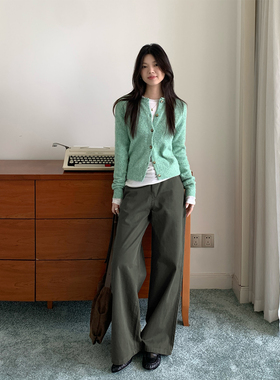 美式卡其绿基础款垂感直筒休闲长裤潮春季百搭宽松遮肉阔腿伞兵裤