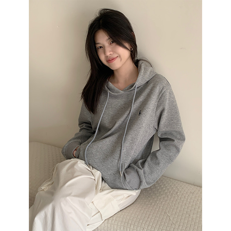 早春季美式灰正肩连帽卫衣女装加绒宽松穿搭帽衫韩系刺绣外套上衣,女装/女士精品,卫衣/绒衫,淘宝优惠券,粉丝福利购,淘宝优惠卷