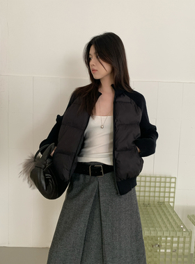 韩版立领保暖百搭时尚黑色外套少女设计感针织插肩袖拼接短款棉服