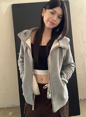 美式浅灰复古修身连帽卫衣女秋冬纯欲风加绒休闲运动瑜伽长袖外套