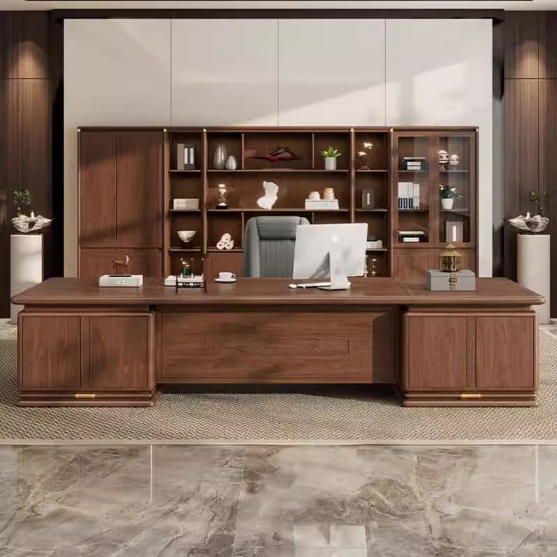 新中式实木大班台老板办公桌椅书柜组合高端轻奢董事长总裁室定制