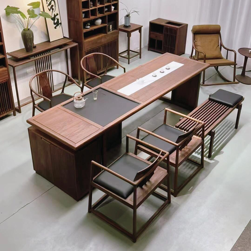 新中式北美黑胡桃木茶桌椅组合