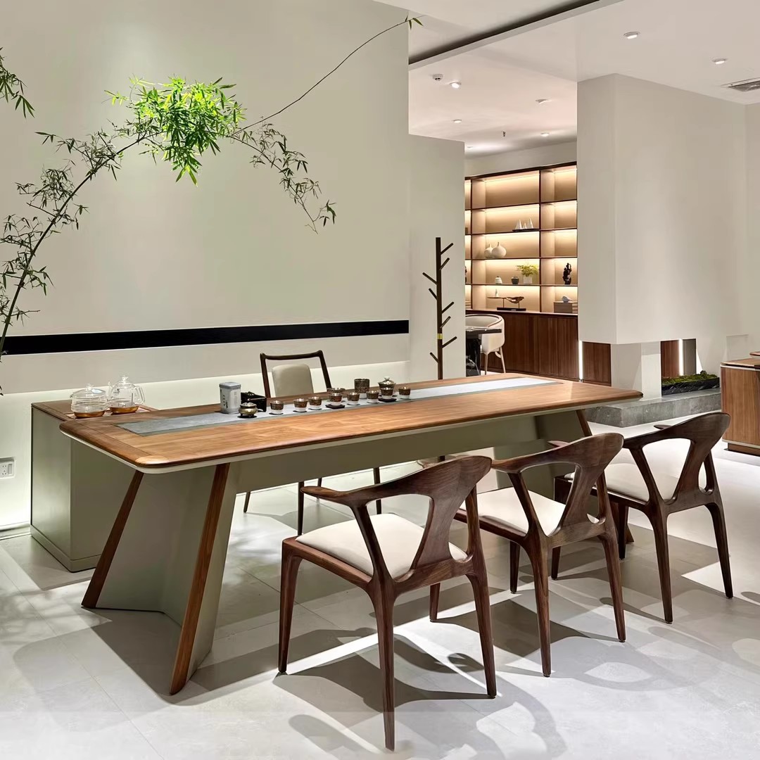 新中式北美黑胡桃木茶桌椅组合现代时尚茶台家用高级感办公室定制