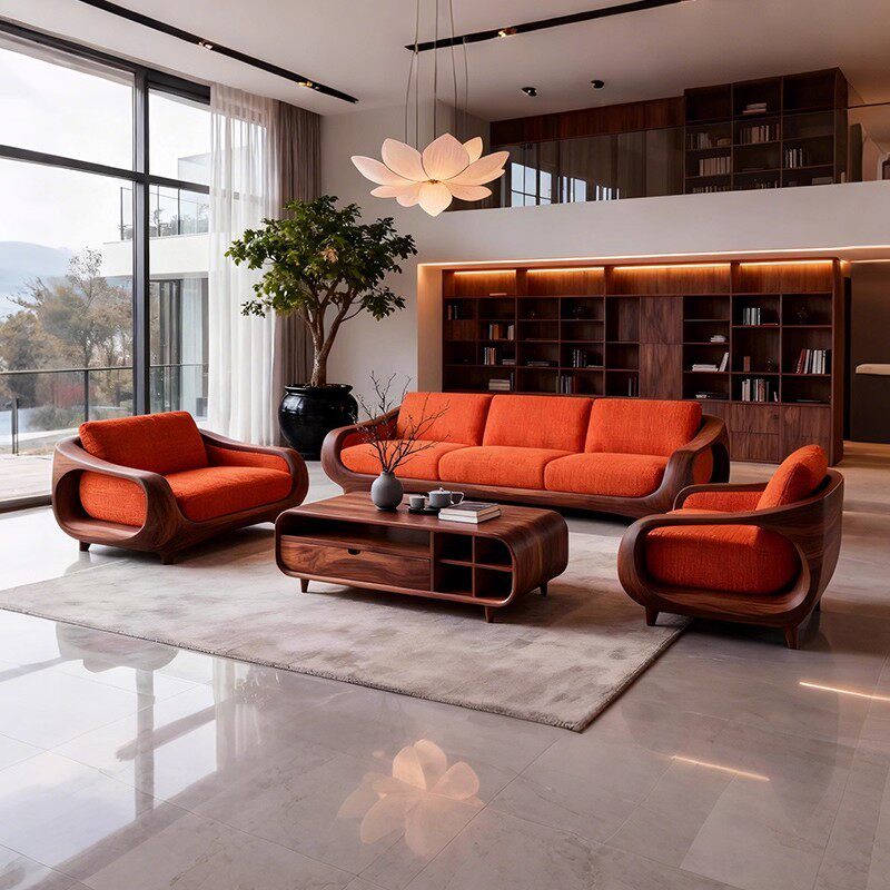 新中式实木沙发组合直排三人位