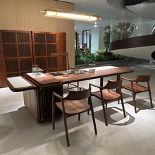 新中式实木茶桌椅组合高端轻奢北美黑胡桃木岩板茶台办公酒店家具