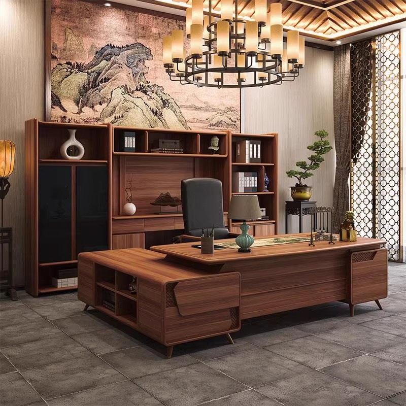 新中式老板办公桌实木大班台北美黑胡桃木时尚高端总裁办公室定制