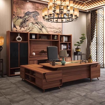 新中式老板办公桌实木大班台北美黑胡桃木时尚高端总裁办公室定制