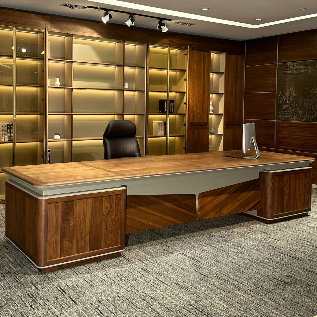 新中式北美黑胡桃木老板桌大班台轻奢董事长办公桌椅高端家具定制