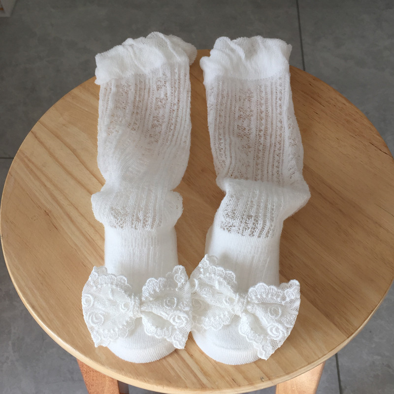 白色蕾丝蝴蝶结公主婴儿袜子夏季薄款女童防蚊纯棉百天宝宝长筒袜