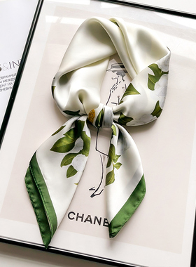 山茶花小方巾丝巾女白色春秋冬季搭衬衫护颈围脖妈妈薄围巾70x70