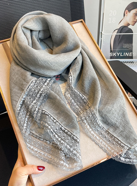 灰色蕾丝薄围巾女春秋夏季系脖丝巾妈妈护颈长纱巾围脖子披肩两用