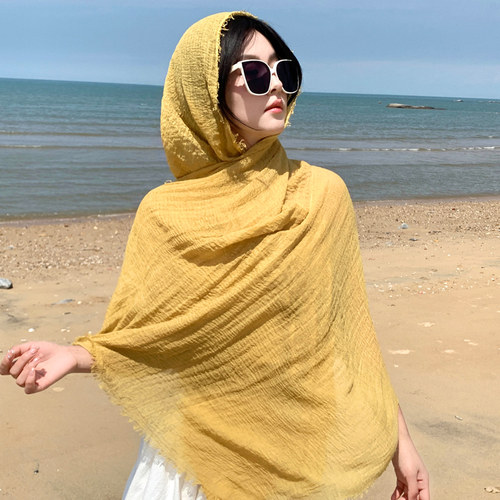 压皱棉麻丝巾女纯色夏季韩版亲肤