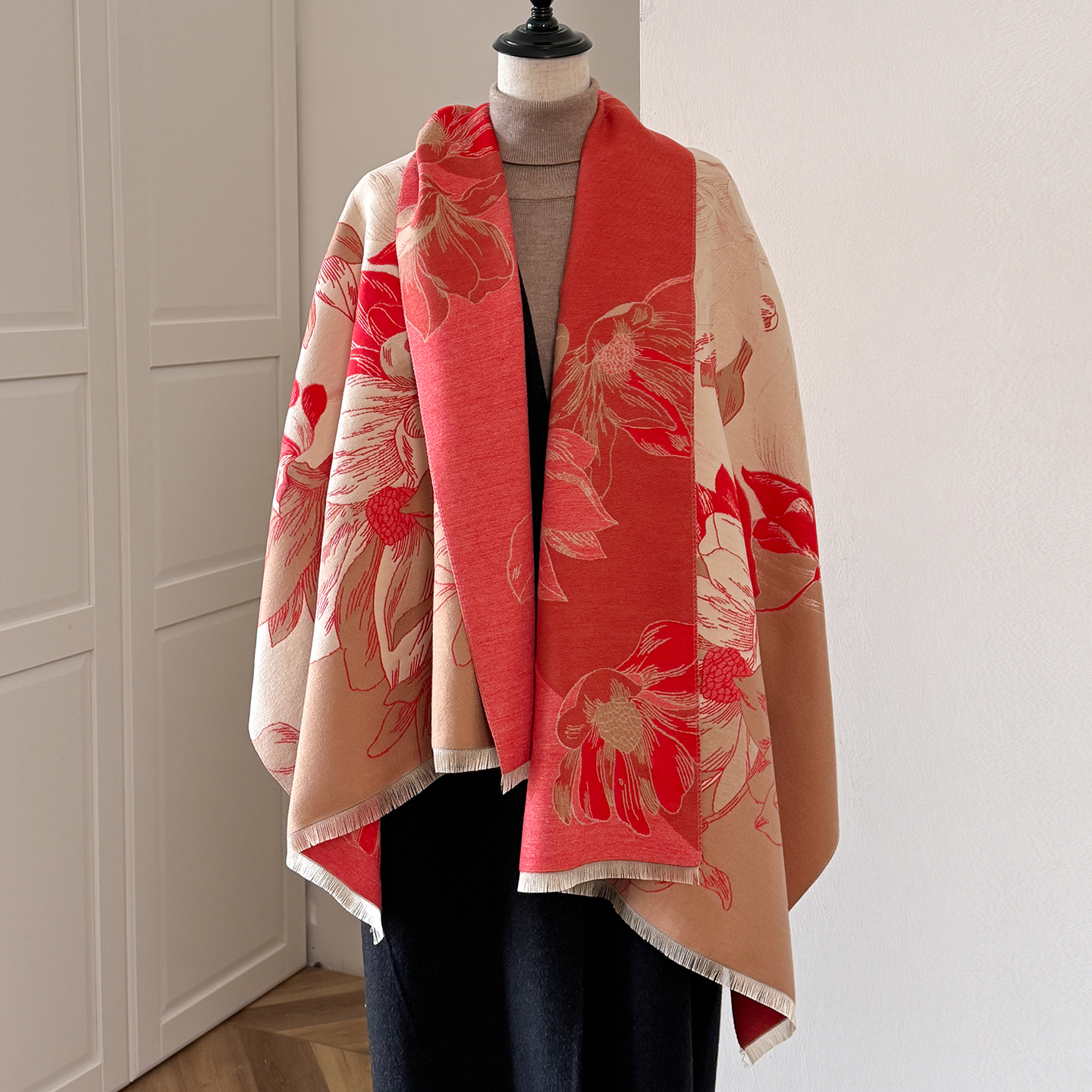围巾女式冬季高级感仿羊绒围巾披肩国风荷花空调房两用春秋办公室