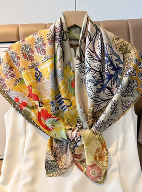 黄色碎花丝巾90x90大方巾女式春秋时尚百搭丝绒围巾保暖围脖披肩