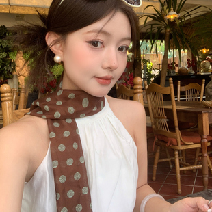 棕色波点丝巾高级感系脖女2025新款发带绑发长条薄款腰带颈饰围巾