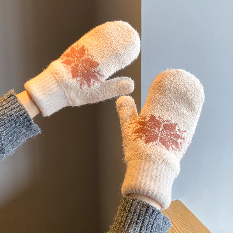 雪花针织全指手套女冬季保暖毛线