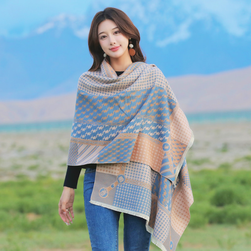 千鸟格围巾2025冬季新款女士韩版百搭春秋仿羊绒长款披肩外搭围脖