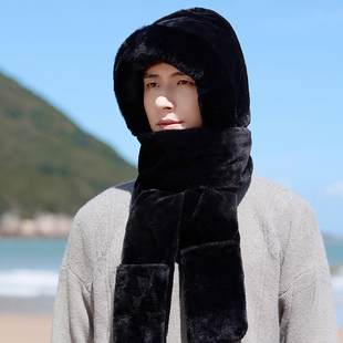 毛绒连帽子围巾一体男款冬季2025新款男士围脖骑车防寒保暖雷锋帽