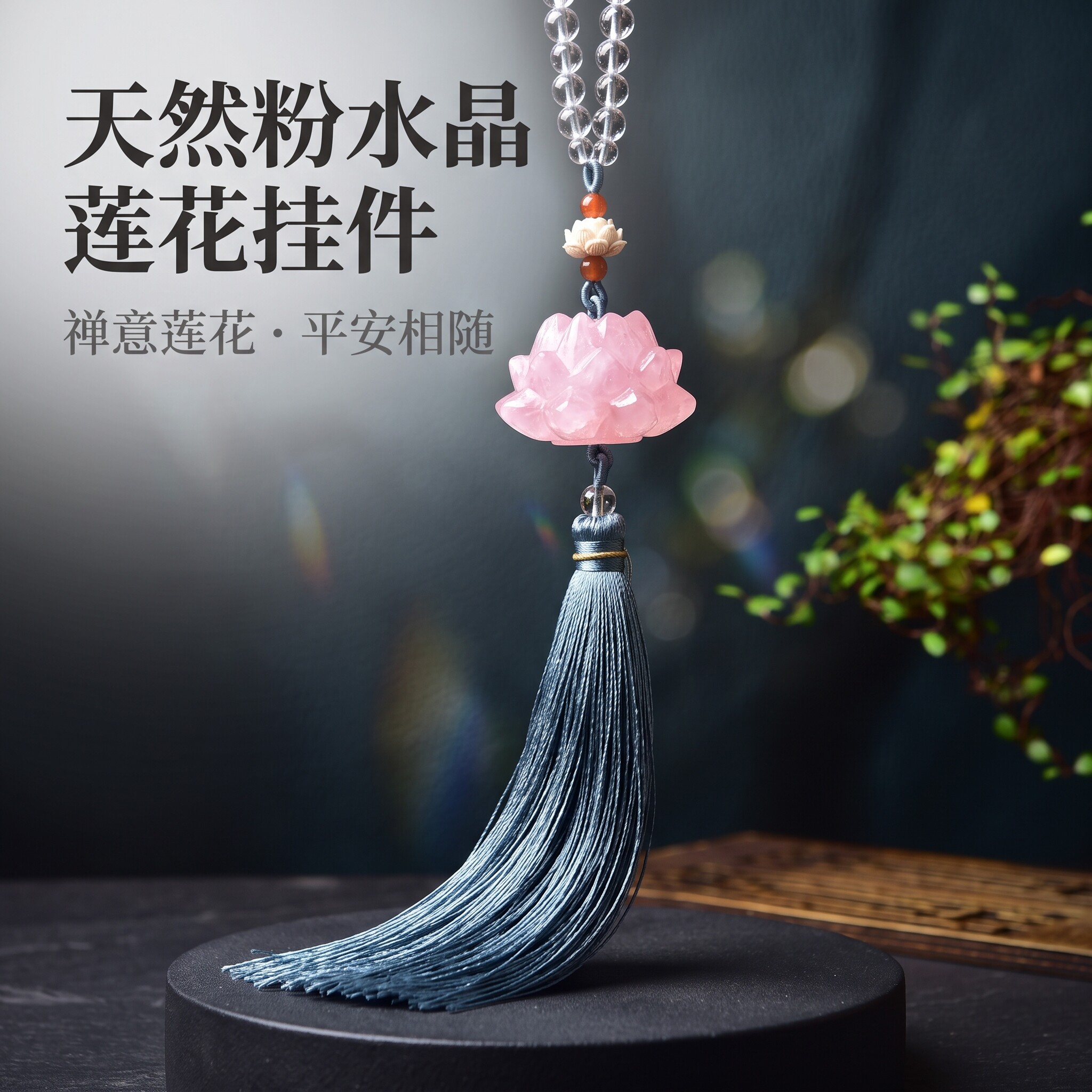 粉水晶莲花行车平安挂件
