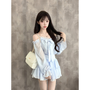 甜美气质雪纺套装裙女早秋2025新款纯欲露肩上衣+蛋糕短裙两件套
