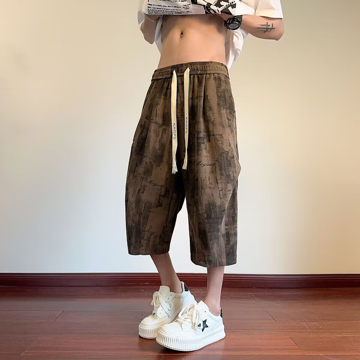 美式印花男夏宽松直筒七分裤系绳