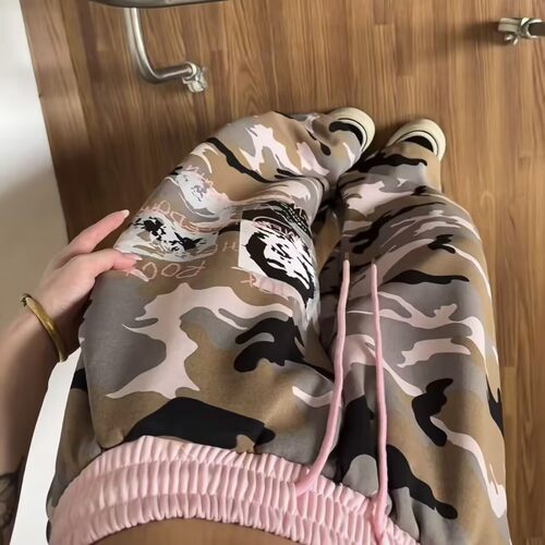 美式复古迷彩撞色阔腿卫裤春夏季辣妹街头休闲百搭抽绳拖地弯刀裤
