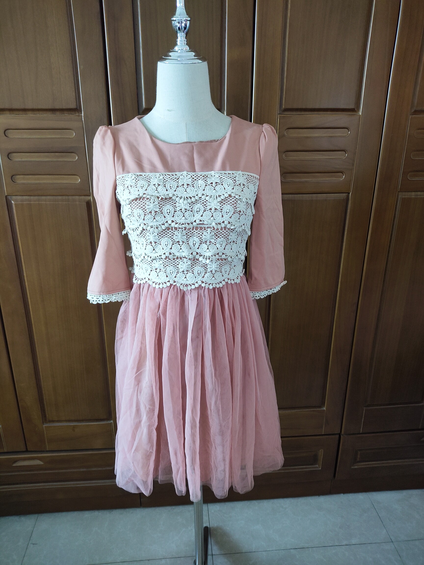 复古甜美蕾丝修身收腰网纱拼接套头连衣裙打底裙