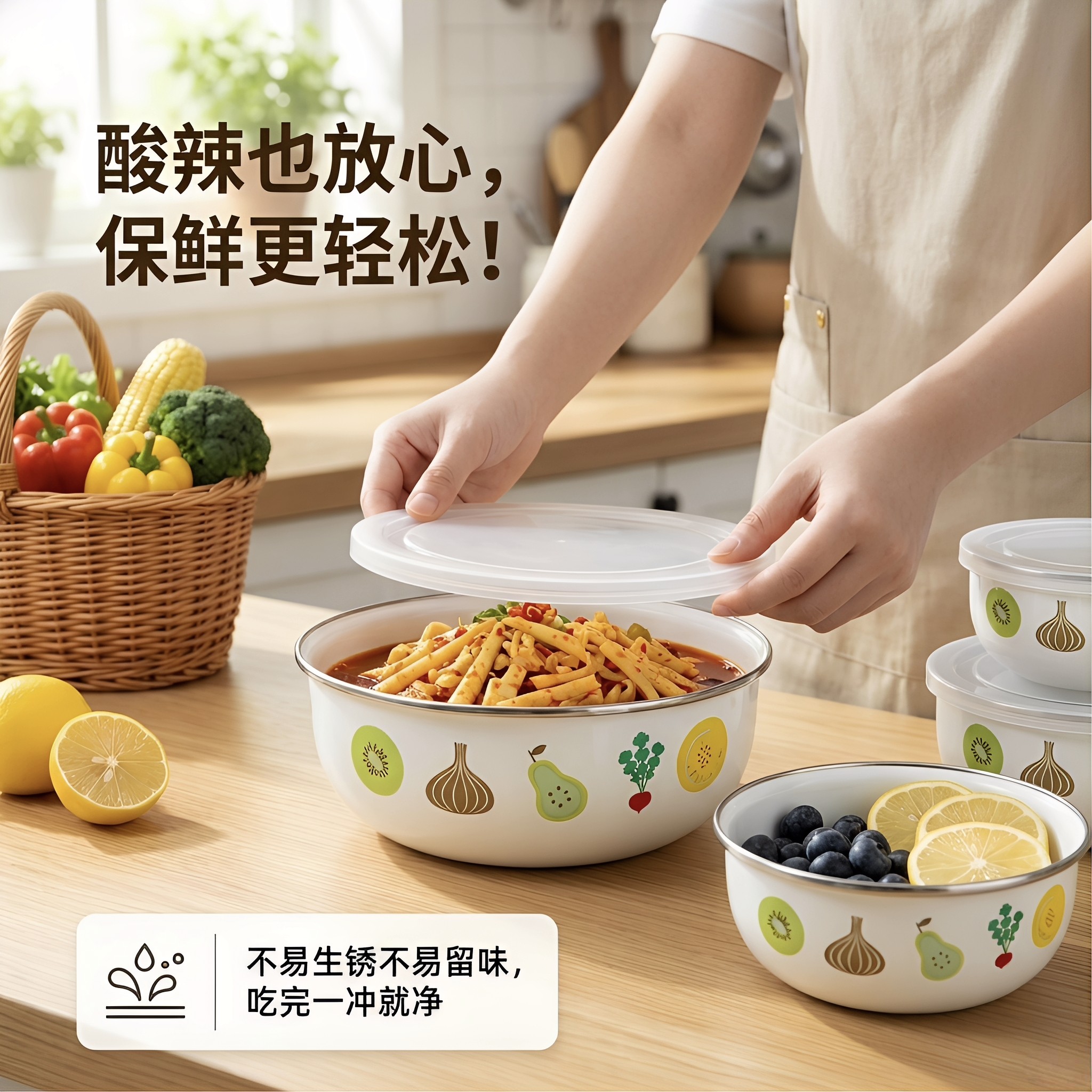 食品级搪瓷储存碗汤碗菜碗加厚保鲜碗饭碗儿童碗沙拉碗带密封盖