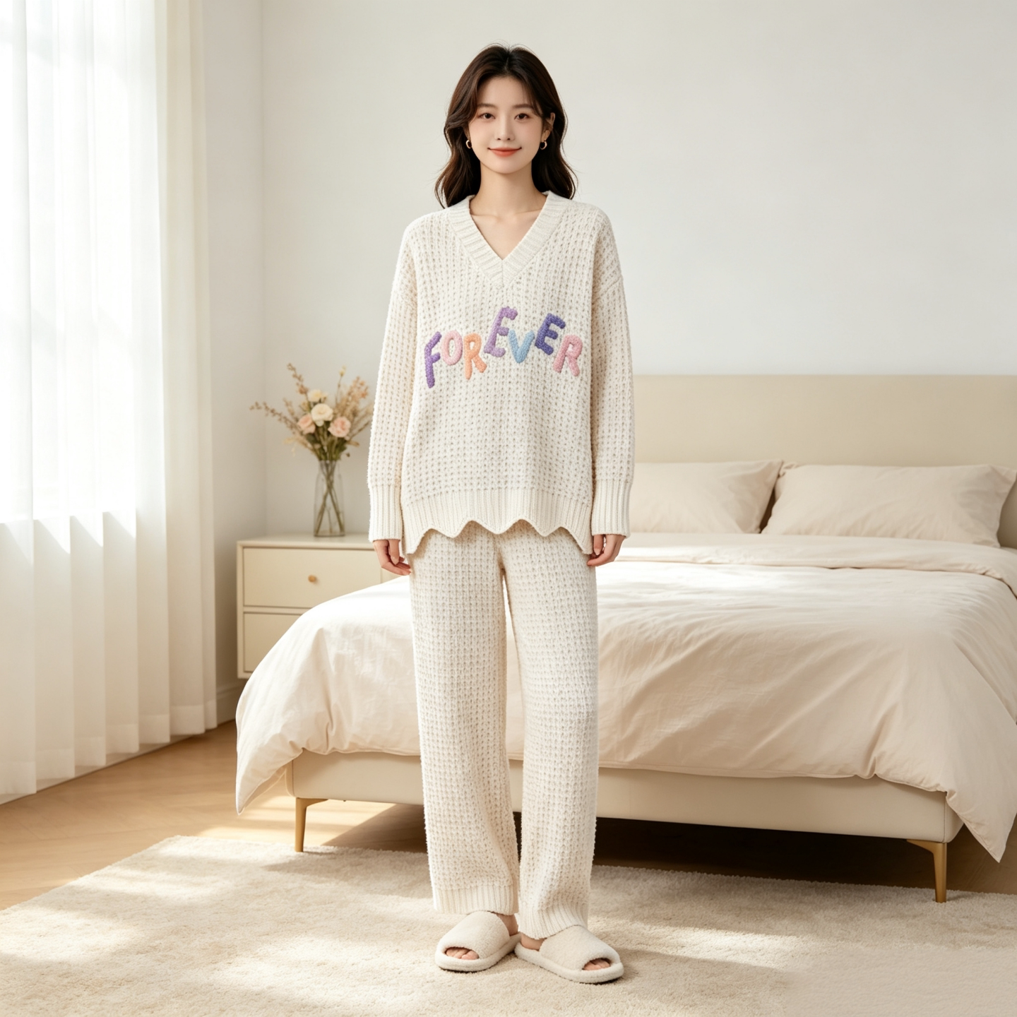 素舒尔秋冬加厚V领女睡衣套装