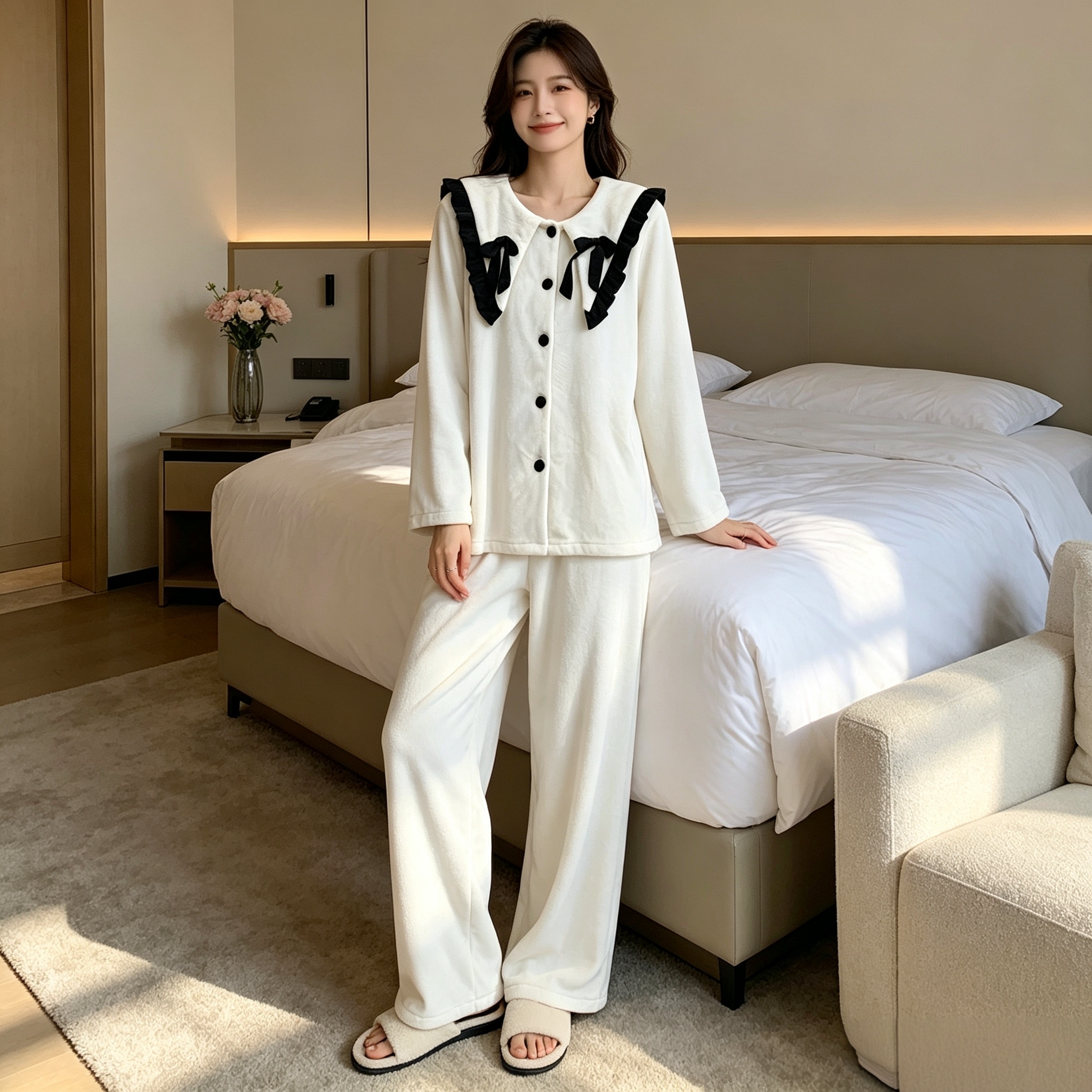 秋冬海岛绒娃娃领女学院风睡衣