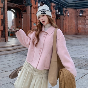 粉色双面呢羊毛外套女2025冬季新款小个子超好看甜美减龄毛呢上衣图片
