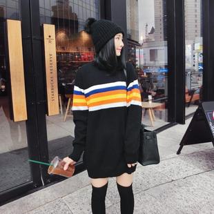 全店1折清 条纹撞色毛衣女中长款 宽松加厚针织衫 打底2024年秋冬季