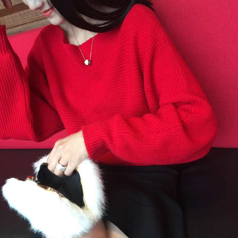 正品特价 宽松一字领毛衣女蝙蝠针织衫灯笼袖修身显瘦2026秋洋气