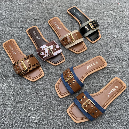 金属扣方头女平底防滑百搭一字拖