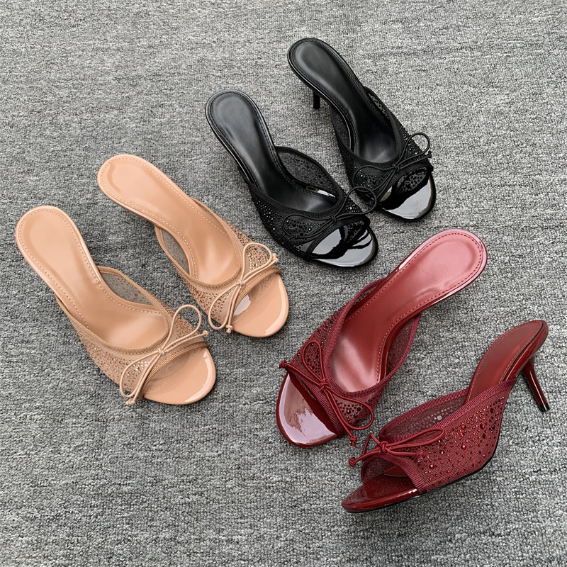 外穿名媛风性感风网纱水钻一字拖女细跟露趾蝴蝶结高跟凉精致拖鞋,女鞋,一字拖,淘宝优惠券,粉丝福利购,淘宝优惠卷