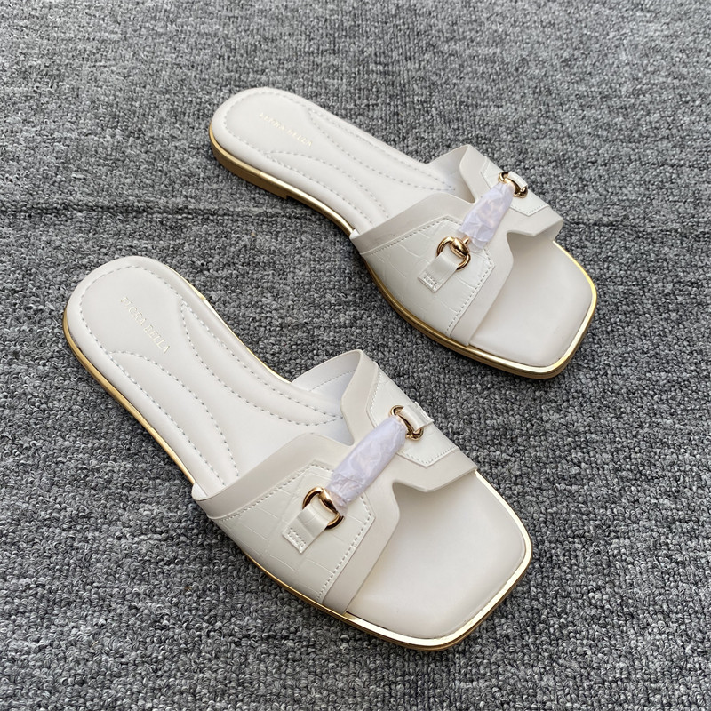 外贸时尚潮流小金扣一字拖女夏外穿高级感方头平底凉百搭款拖鞋,女鞋,一字拖,淘宝优惠券,粉丝福利购,淘宝优惠卷