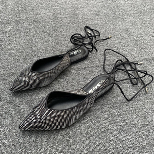外贸绑带单鞋爆款夏平底尖头百搭温柔仙女风法式水钻纯色包头凉鞋