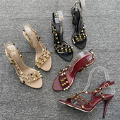 跨境性感风铆钉高跟鞋 罗马鞋 女细跟高级感露趾凉鞋 增高百搭时尚