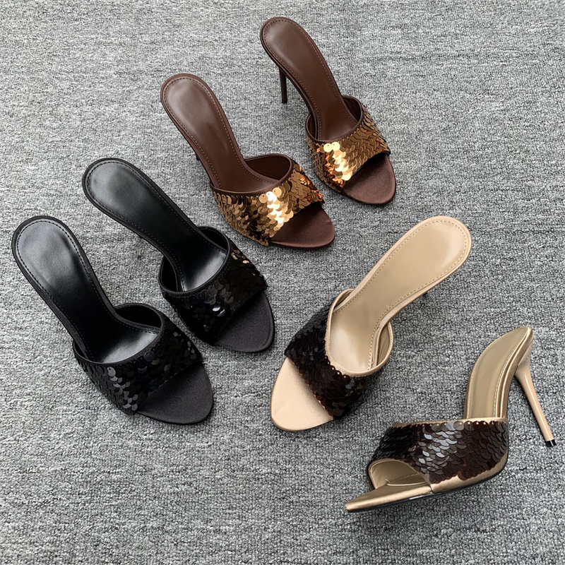 性感亮片细跟增高女款一字拖