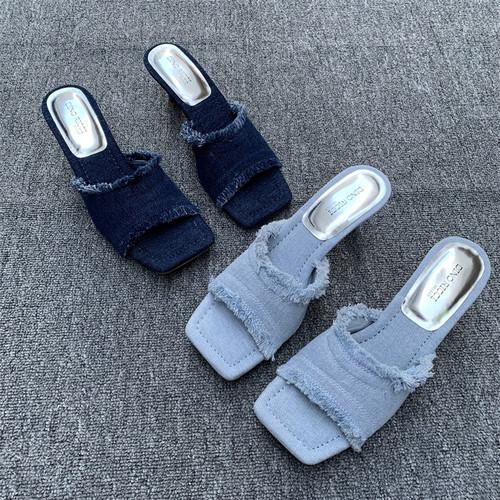 新款方头牛仔布外穿露趾拖鞋百搭