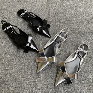 外贸法式气质包头后绊带凉鞋女蝴蝶结新潮尖头平底舒适一脚蹬单鞋