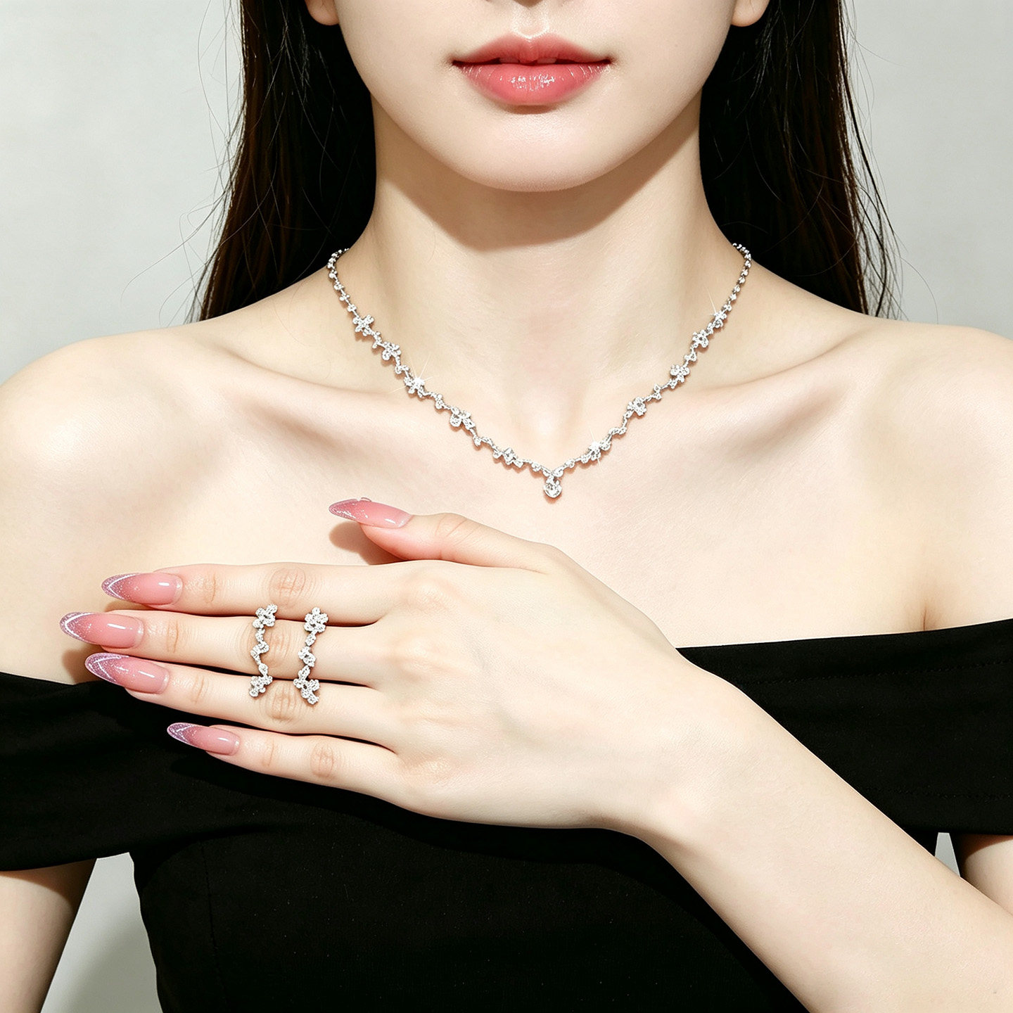 超闪水钻波浪纹项链女耳环锁骨链