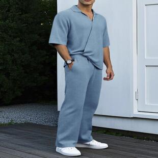 欧美新款夏季运动套装纯色翻领短袖长裤男士休闲两件套