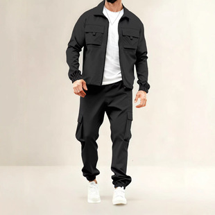 欧美新款男士工装长袖长裤纯色套装宽松透气户外休闲运动男装